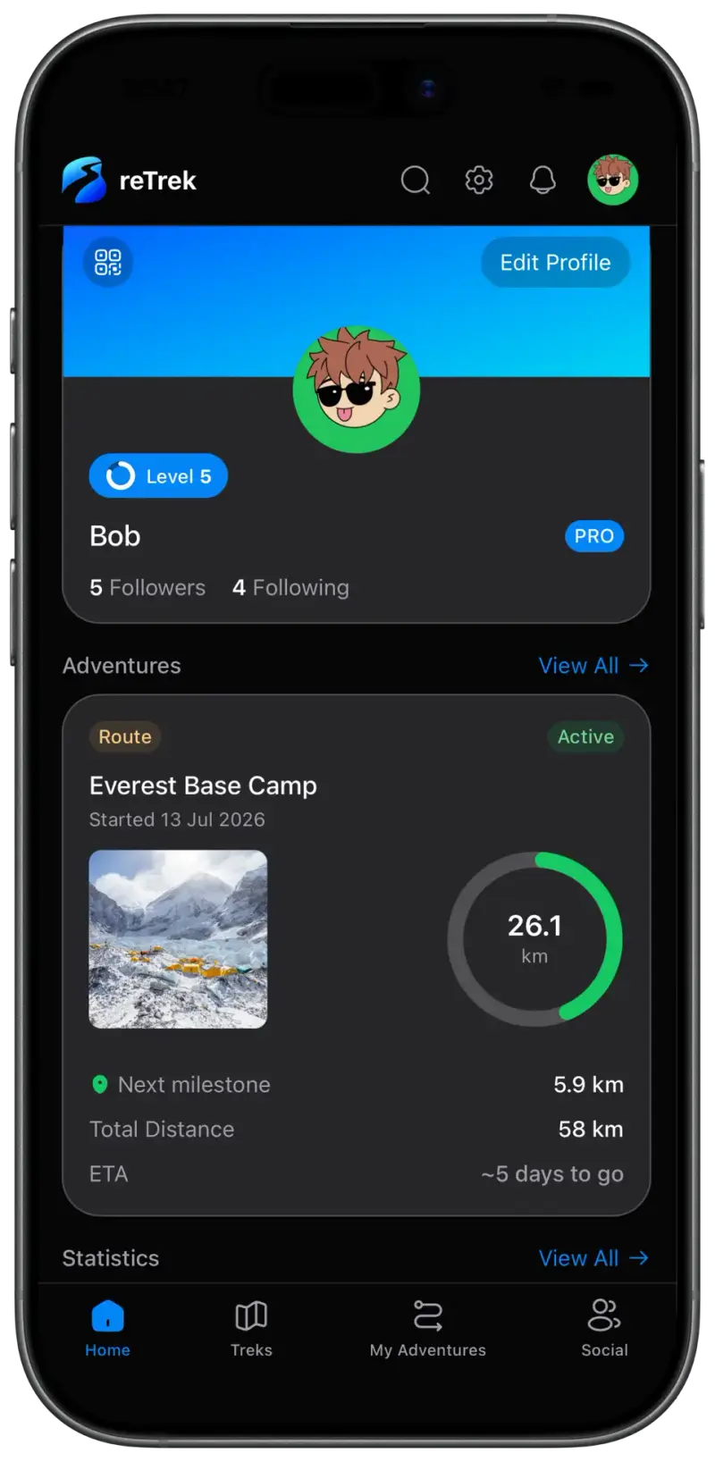 reTrek on iPhone showing a profile at Level 5 with an active Everest Base Camp adventure, 26.1 km walked and the next milestone 5.9 km away